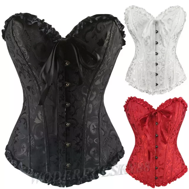 Women Sexy Lace up Boned Overbust Corset Basque Floral ruffle trim with ribbon