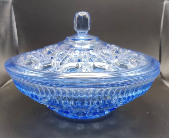 Vintage Windsor Blue Indiana Glass Covered Candy Dish Button & Cane Pattern