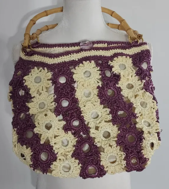 Boho Woven Purse Handbag Floral Tote Straw Bag Bamboo Handles Purple Beach Ivory
