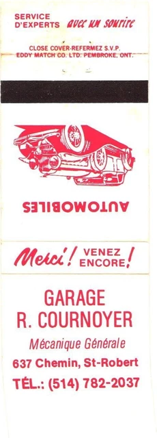 Quebec Canada Garage R. Cournoyer General Mechanic Vintage Matchbook Cover
