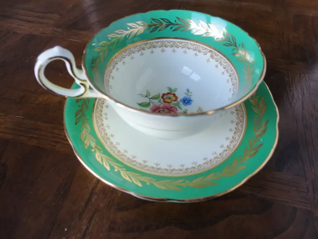 England Aynsley Fine Bone China Tea Cup and Saucer Green Floral & Gold Trim