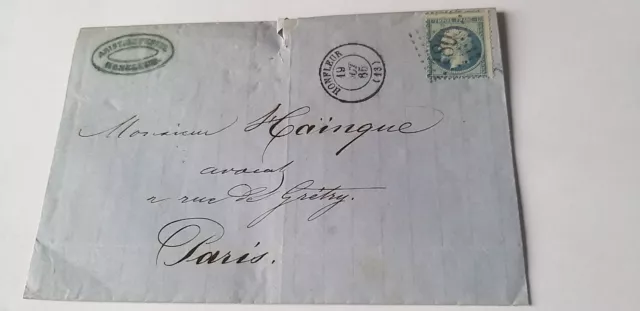 20 c Napoleon lauré  dentelé bleu sur lettre 1865 HOMFLEUR à PARIS