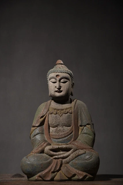 Chinese Old Wood Wooden Carved Buddha Statue Painted Sakyamuni Buddha Sculpture