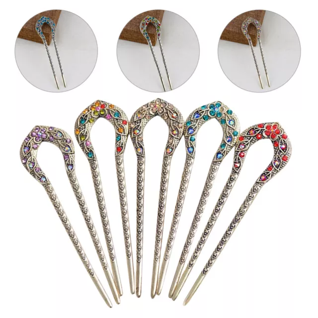 Vintage Rhinestone Hair Sticks U-Shaped Hairpin Set of 5-CY