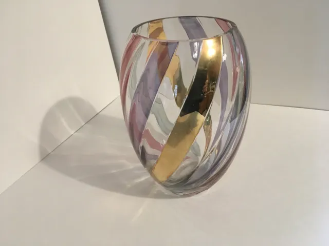 Bohemia Crystal Glass Vase Multi-Colored Striped Hand Made Czechoslovakian T1247