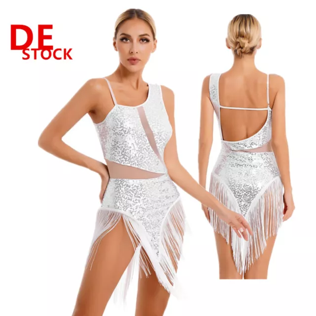 Damen Latein Tanzkleid Pailletten Kleider Glitzer Trikot Tango Rumba Chacha Jazz