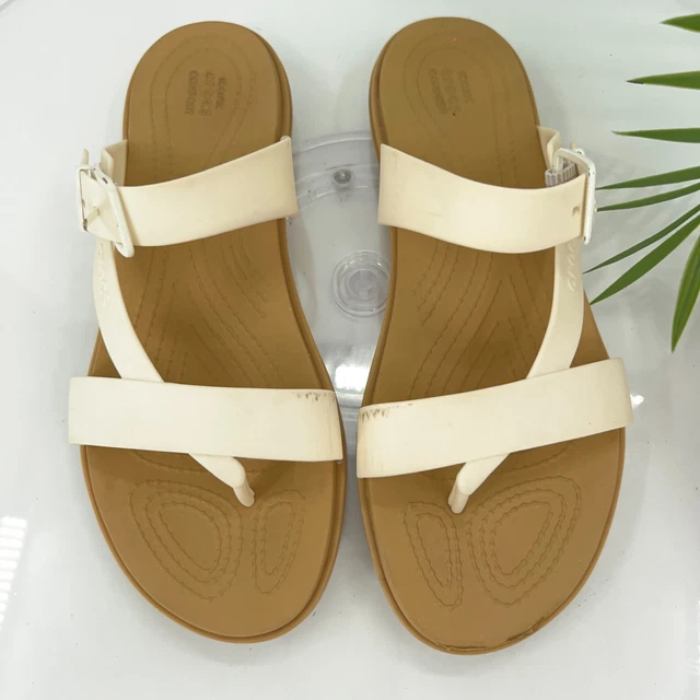 Crocs Women's Tulum Sandal Size 9 Thong Strappy Flip Flop Ivory Rubber Beach
