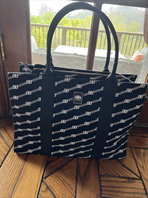 BALENCIAGA Large Canvas BB Tote bag travel work black white