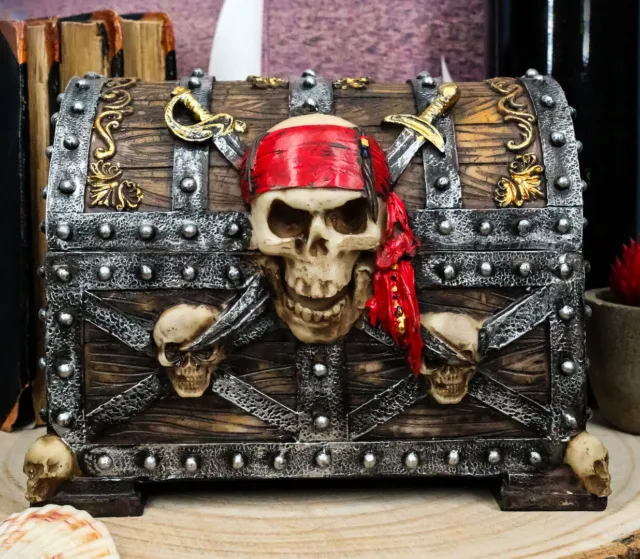 Large Caribbean Pirate Marauder Skull With Criss Cross Blades Treasure Chest Box