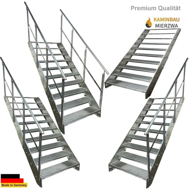 Premium Stahlwangen -Treppe 10 Stufen Breite 60-140cm Höhe 190cm Außen Geländer