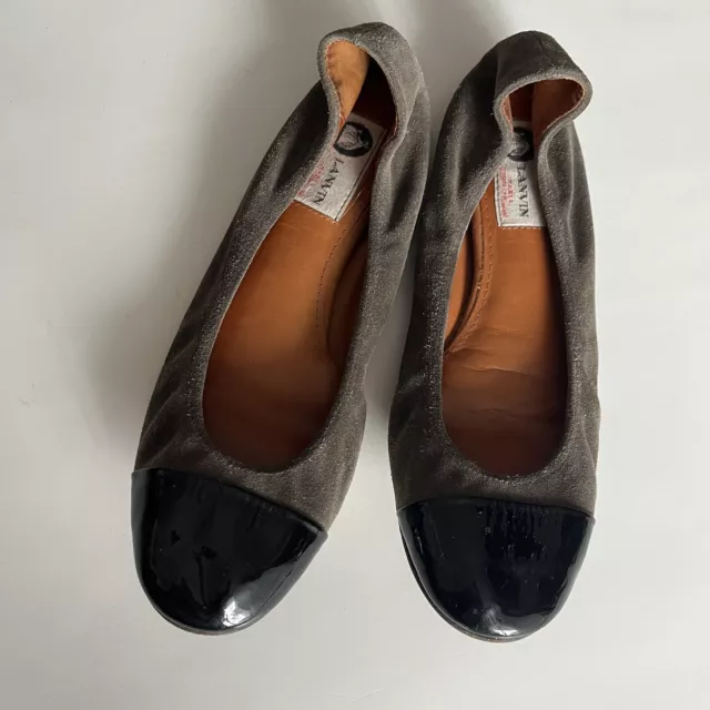 Lanvin Paris Cap Toe Ballet Flats Brown Gray Suede Black Patent Leather 7 EUC