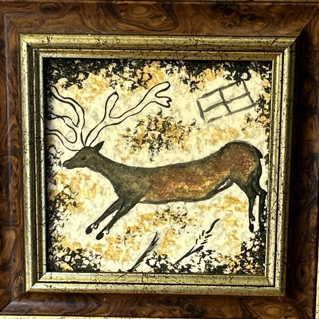 Pair Of Vintage Hand Painted Framed Ceramic Tiles Deer 3