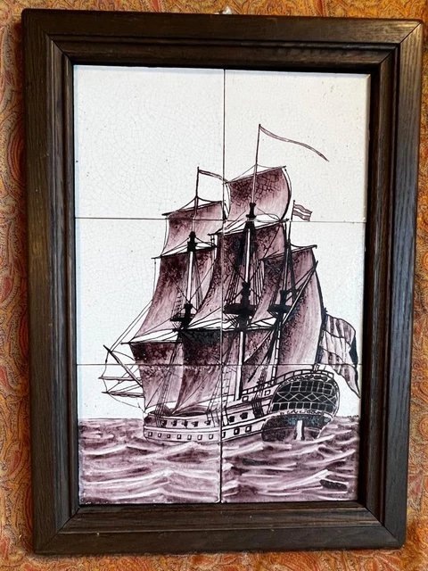 Old Vintage Nautical Art Pottery Tiles Sailing Ship Hand Painted Majolica Faince