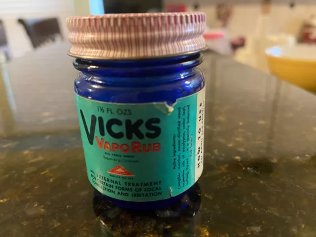 Vintage Vicks VapoRub Cobalt Blue Glass Medicine Jar Red Metal Lid