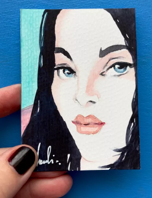 Portrait of Brunette Woman with Blue Eyes Aceo Card Original Watercolor Painting