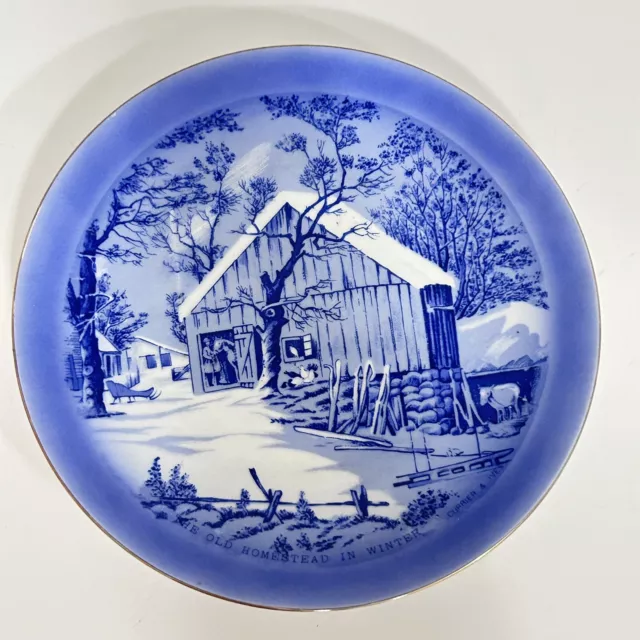 Vtg Currier & Ives Collector Plate The Old Homestead In Winter Blue Japan Rare