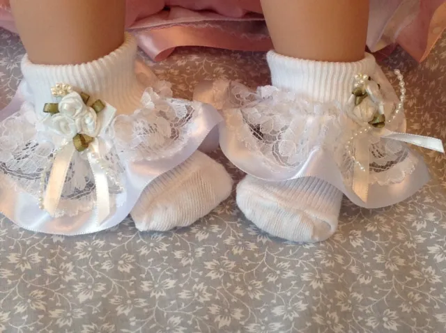White Frilled Lace Baby Socks with Ribbon and Pearl Rosebud Trim size 3-6 months