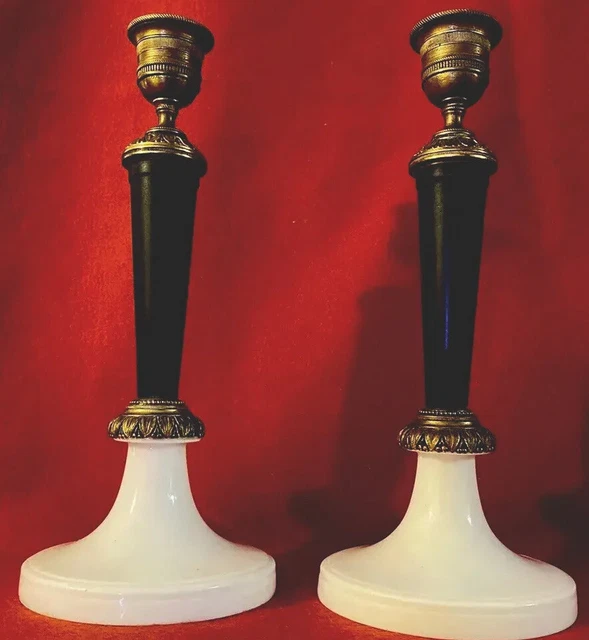 PAIR French ORMOLU CANDLESTICKS ,GILT, BRONZE, LEATHER & PORCELAIN -