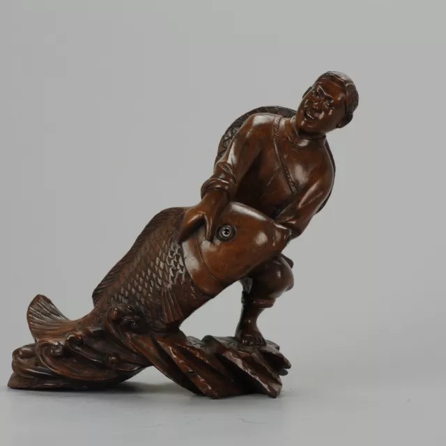 20th c Chinese Carved Wood Statues of a Man and Fish. Great carving[:zh...