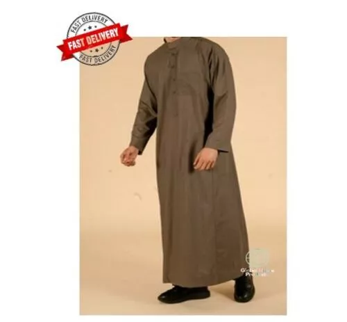 Khakhi Mens Adult Thobe Jubba Madrassa Mosque Taupe Collar Arabic Islamic UK