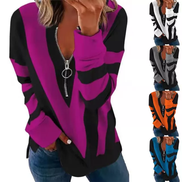 Womens Ladies Zip V-Neck T Shirt Long Sleeve Loose Tops Autumn Sweatshirt Blouse