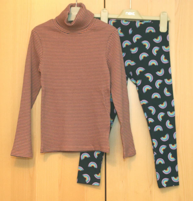 Next Girls Pink Stripe Roll Neck Top & Navy Rainbow Leggings Age 6 Years BNWT