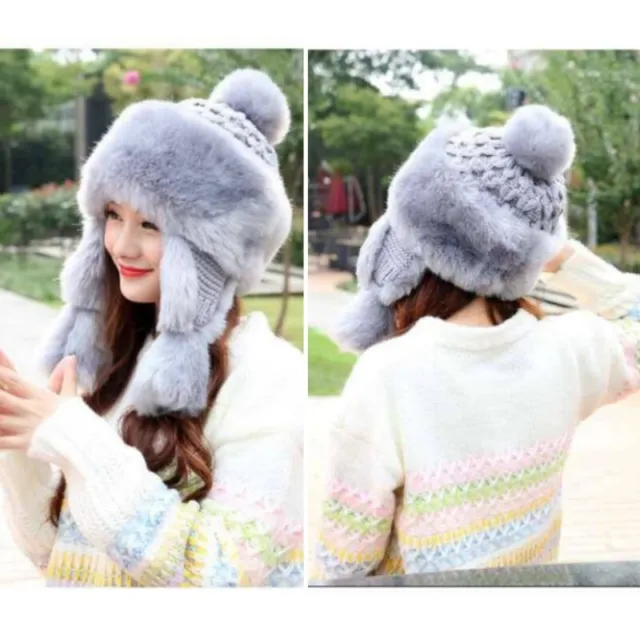 Lady Knit Faux Fur Beanie Hat Ear Flaps Cap Russian Trapper Hat Warm Winter Cute