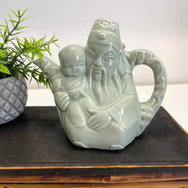 Vintage Celadon Sanxing Chinese God Fortune Fu Holding Child Porcelain Teapot