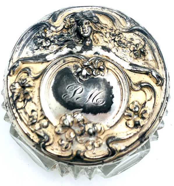 Antique Art Nouveau Facet Glass Silver Plate Repousse Lid Vanity Pat. 1905 AS IS