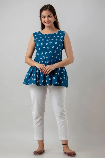 Women's Pure Cotton Printed Hip Length Formal Tops KRT041BLUE