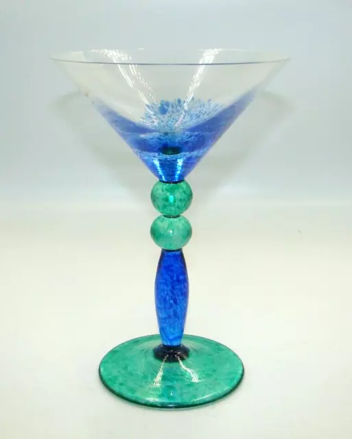 Nouveau Art Glass Blue & Green Mottled Martini Goblet