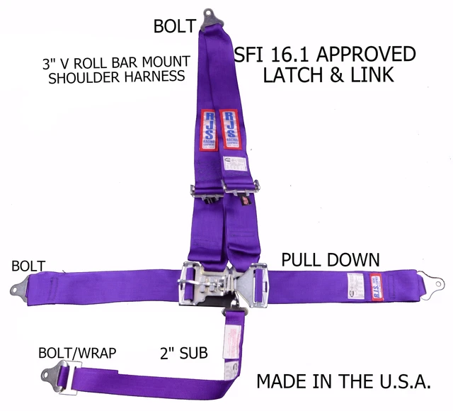 Rjs Sfi 16.1 Latch & Link Bolt In Harness Belt V Roll Bar Mount Purple 1125408