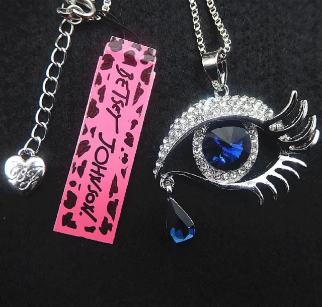 Betsey Johnson Sapphire Blue Crystal Eye Pendant Chain Necklace Free Gift Bag