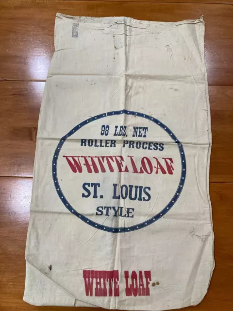Vintage White Loaf Flour canvas 98 lb  Bag Sack, Roller Process, St. Louis Style