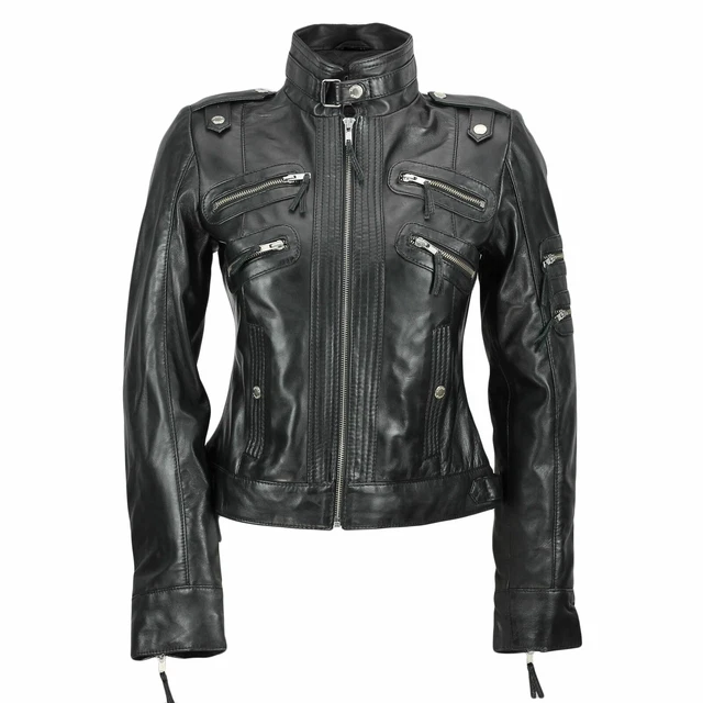 Neuf Style Noir Femmes Véritable Cuir Slim Fit Fermeture Éclair Motard Doux