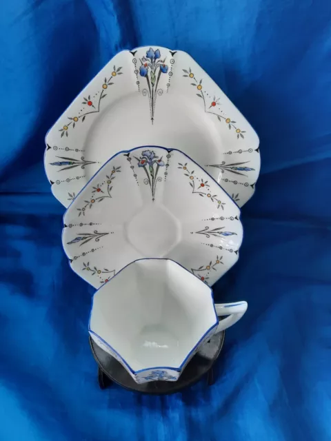 Vintage Shelley Bone China Queen Anne Shape Blue Iris Tea Trio Cup Saucer Plate 2