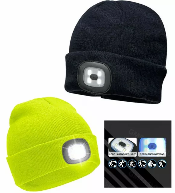 LED Rechargeable Light Thermal Winter Beanie Hat Cycling Running Hi Vis Black