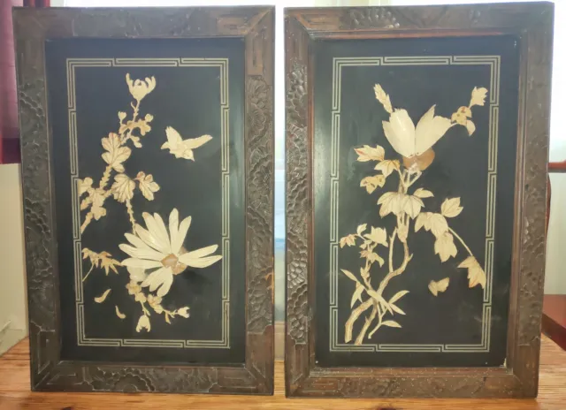 Antique Pair handmade Qing Chinese panels inlaid with natural carved materials
