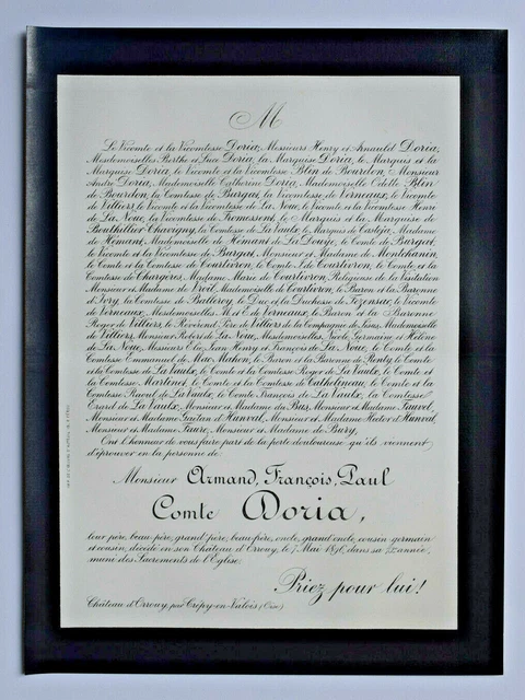 COMTE DORIA Chateau d Orrouy FAIRE PART Blin Bourdon Bouthillier Chavigny 1896