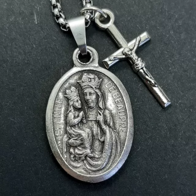 St Anne de Beaupre | Stainless steel box chain with saint medal and crucifix.