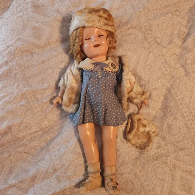 30's Shirley Temple 20" Composition Doll BLUE DRESS W WHITE STARS COAT HAT MUFF!