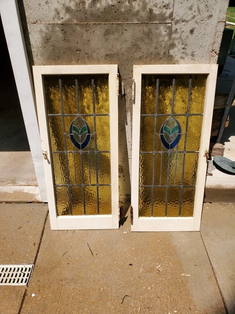 leaded glass window pair, good condition.  See photos for sizes.