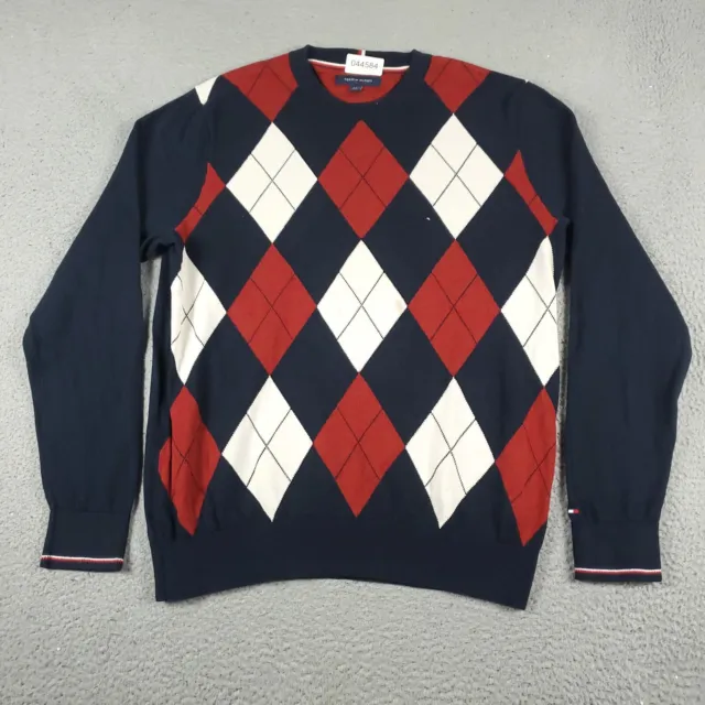 Tommy Hilfiger Sweater Mens Large Red Blue Argyle Casual Pullover Sweatshirt *