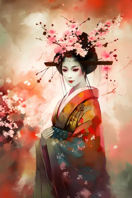 Schöne asiatische Geisha mit Kirschblüte. Digitale Zeichnung. (201174291)