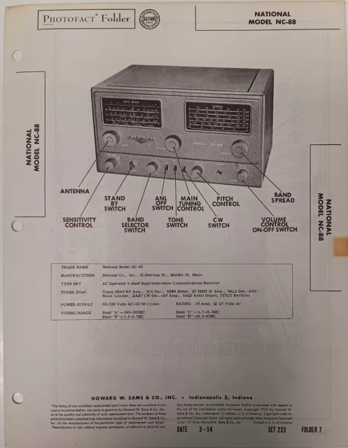 Photo Fact Data 1954 National Model NC88 Broadcast/Shortwave Table Radio.