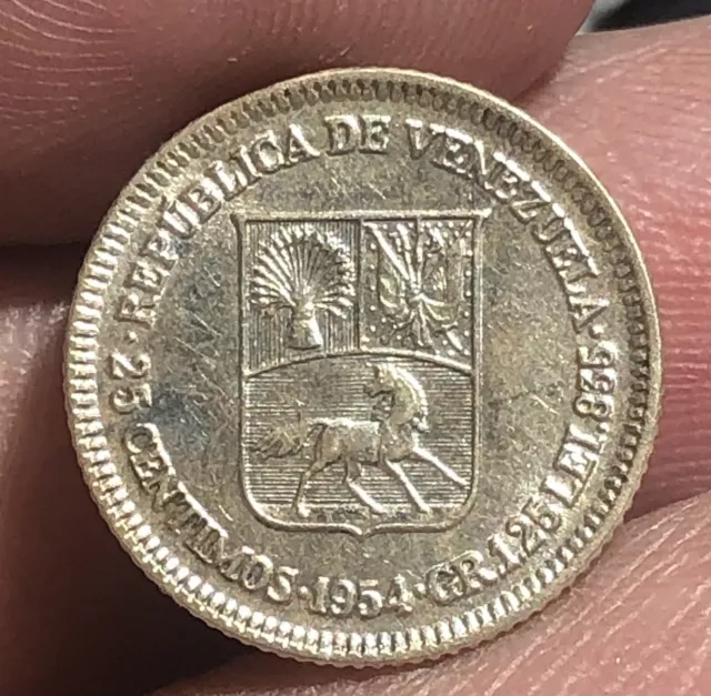 VENEZUELA KM35 25 Céntimos 1954 Silver UNC