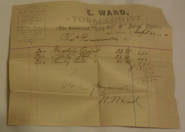 1892 tobacco Vintage E Ward Tobacconist Oak Harbor Ohio receipt Letterhead paper