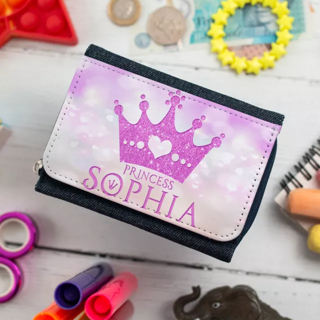 Personalised Girls Purse Princess Denim Coin Wallet Tiara Birthday Gift KSP123