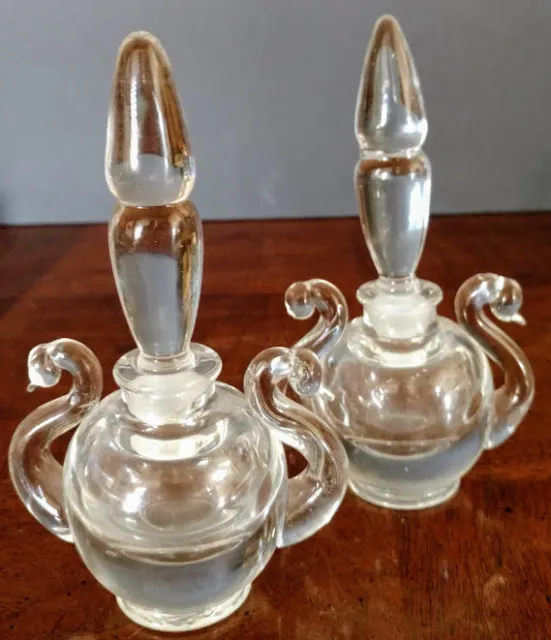 Art Deco Vintage Crystal Blown Double Swan Head Handled Perfume Bottles 2, Nice