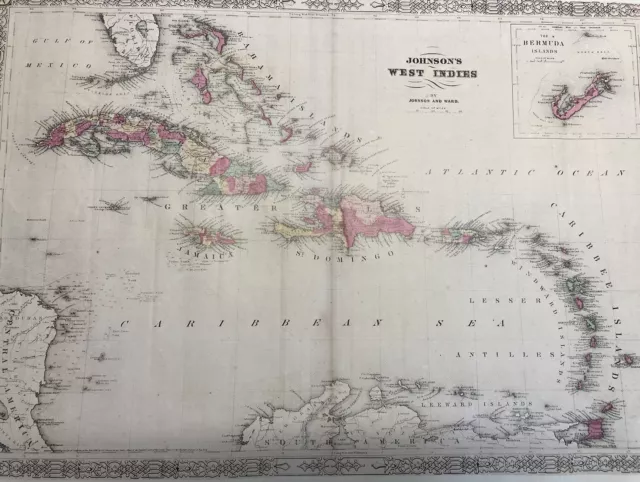 Vintage 1984 Reproduction of Johnson's West Indies Map- 19 x 25 in